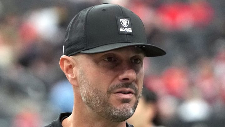 Jan 4, 2026; Paradise, Nevada, USA; Las Vegas Raiders general manager John Spytek reacts during the game against the Kansas City Chiefs at Allegiant Stadium. Mandatory Credit: Kirby Lee-Imagn Images