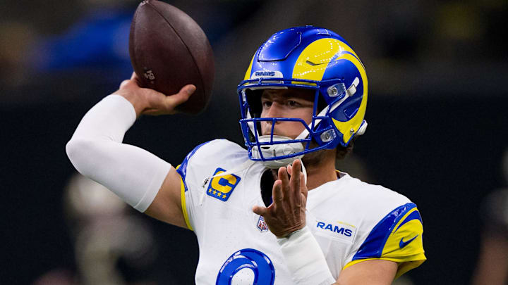 Dec 1, 2024; New Orleans, Louisiana, USA; Los Angeles Rams quarterback Matthew Stafford (9) throws before a game against the New Orleans Saints at Caesars Superdome. Mandatory Credit: Matthew Hinton-Imagn Images