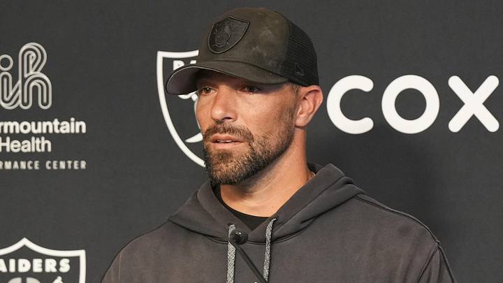 Jun 3, 2026; Henderson, NV, USA; Las Vegas Raiders defensive coordinator Rob Leonard speaks during a news conference during organized team activities at Intermountain Health Performance Center. Mandatory Credit: Candice Ward-Imagn Images