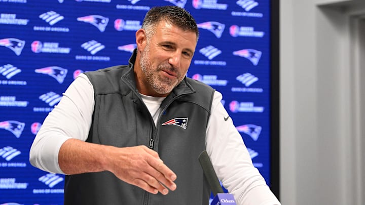 New England Patriots head coach Mike Vrabel speaks to the media during a press conference at Gillette Stadium. Mandatory Credit: Eric Canha-Imagn Images