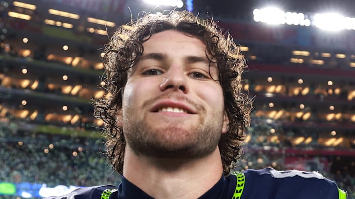 Feb 8, 2026; Santa Clara, CA, USA; Seattle Seahawks tight end AJ Barner (88) reacts after defeating the New England Patriots in Super Bowl LX at Levi's Stadium.