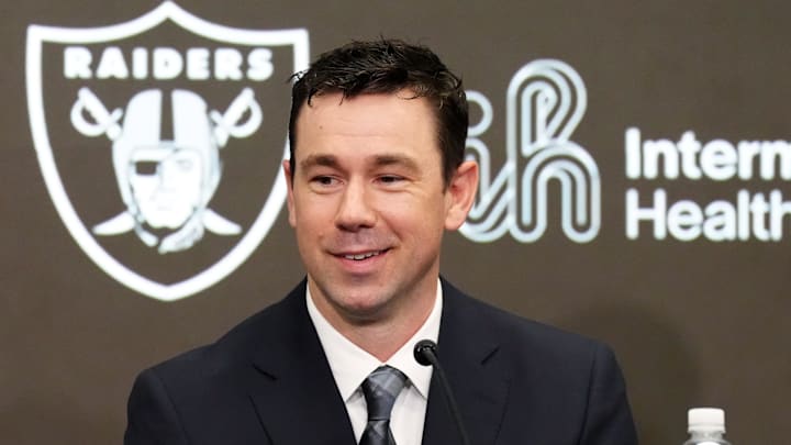 Feb 10, 2026; Henderson, NV, USA; Las Vegas Raiders coach Klint Kubiak speaks at introductory press conference at Intermountain Health Performance Center. Mandatory Credit: Kirby Lee-Imagn Images Feb 10, 2026; Henderson, NV, USA; Las Vegas Raiders coach Klint Kubiak speaks at introductory press conference at Intermountain Health Performance Center. Mandatory Credit: Kirby Lee-Imagn Images