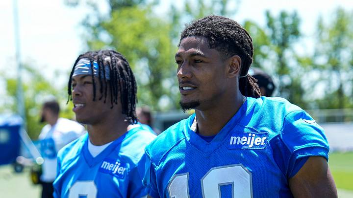 Detroit Lions running back Isiah Pacheco (10) walks off the field with running back Jahmyr Gibbs (0) after practice during OTAs at Meijer Performance Center in Allen Park on Friday, May 29, 2026.