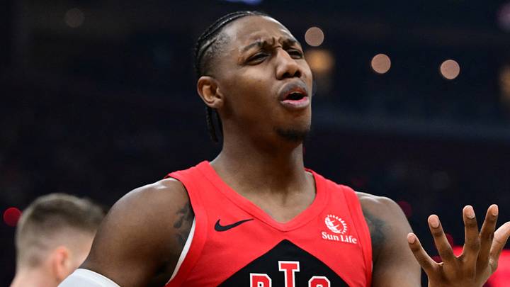 Apr 20, 2026; Cleveland, Ohio, USA; Toronto Raptors forward RJ Barrett (9) reacts after being called for a foul during the second half during game two of the first round of the 2026 NBA Playoffs against the Cleveland Cavaliers at Rocket Arena. Mandatory Credit: David Dermer-Imagn Images