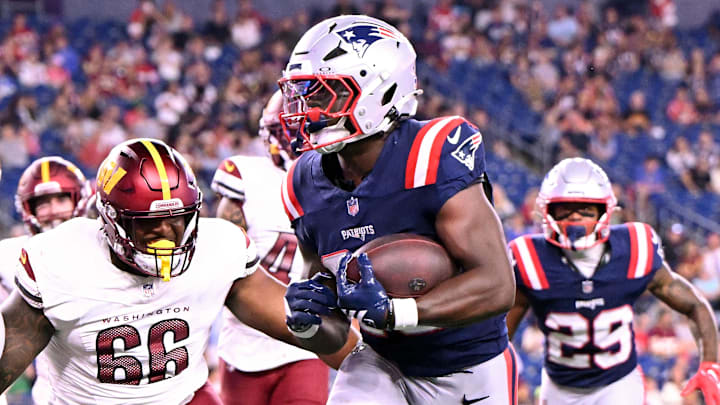 Aug 8, 2025; Foxborough, Massachusetts, USA; New England Patriots running back Terrell Jennings (26) scores a touchdown against the Washington Commanders during the second half at Gillette Stadium. Mandatory Credit: Brian Fluharty-Imagn Images Aug 8, 2025; Foxborough, Massachusetts, USA; New England Patriots running back Terrell Jennings (26) scores a touchdown against the Washington Commanders during the second half at Gillette Stadium. Mandatory Credit: Brian Fluharty-Imagn Images