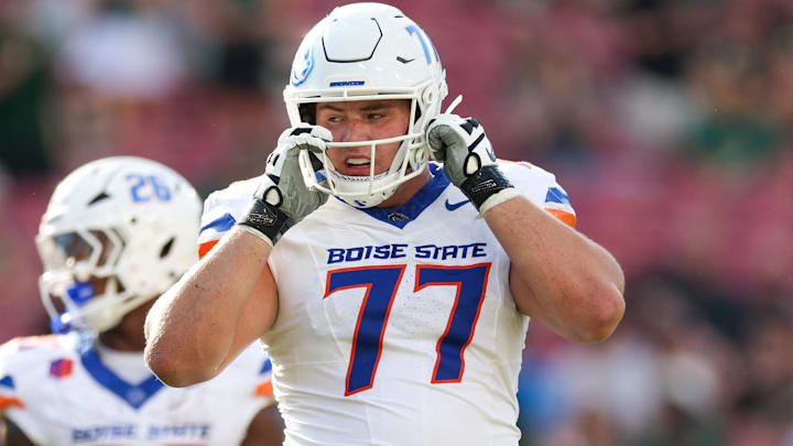 Aug 28, 2025; Tampa, Florida, USA; Boise State Broncos offensive lineman Kage Casey (77) looks on against the South Florida Bulls in the first quarter at Raymond James Stadium. 