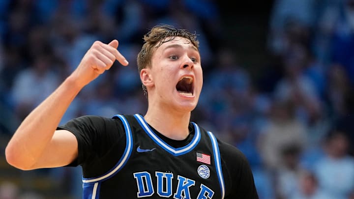 Mar 8, 2025; Chapel Hill, North Carolina, USA; Duke Blue Devils forward Cooper Flagg (2) reacts in the second half at Dean E. Smith Center. Mandatory Credit: Bob Donnan-Imagn Images