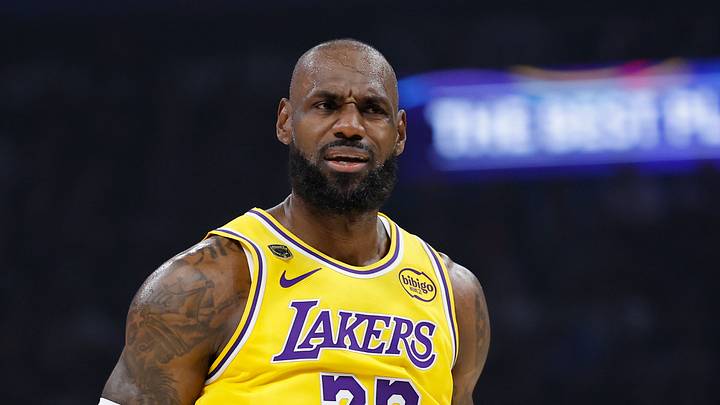 May 7, 2026; Oklahoma City, Oklahoma, USA; Los Angeles Lakers forward LeBron James (23) reacts after a play against the Oklahoma City Thunder in the first half during game two of the second round of the 2026 NBA Playoffs at Paycom Center. Mandatory Credit: Alonzo Adams-Imagn Images