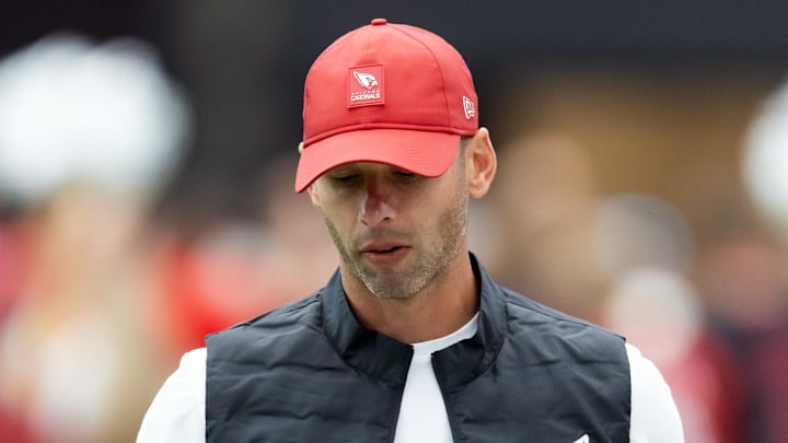 Oct 19, 2025; Glendale, Arizona, USA; Arizona Cardinals head coach Jonathan Gannon reacts against the Green Bay Packers at State Farm Stadium. Mandatory Credit: Mark J. Rebilas-Imagn Images