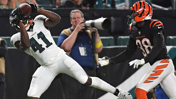 Aug 7, 2025; Philadelphia, Pennsylvania, USA; Philadelphia Eagles wide receiver Darius Cooper (41) catches a 20-yard touchdown pass against the Cincinnati Bengals during the second quarter at Lincoln Financial Field.