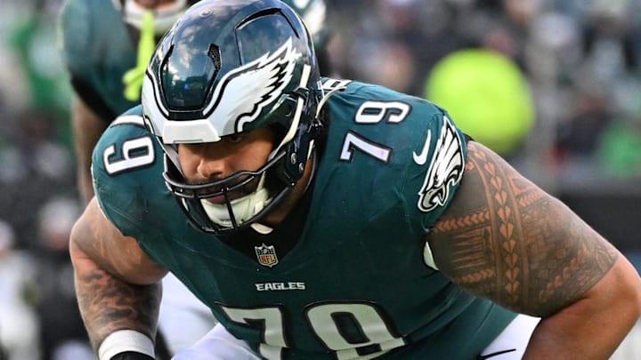 Dec 14, 2025; Philadelphia, Pennsylvania, USA; Philadelphia Eagles offensive tackle Matt Pryor (79) against the Las Vegas Raiders at Lincoln Financial Field. Mandatory Credit: Eric Hartline-Imagn Images