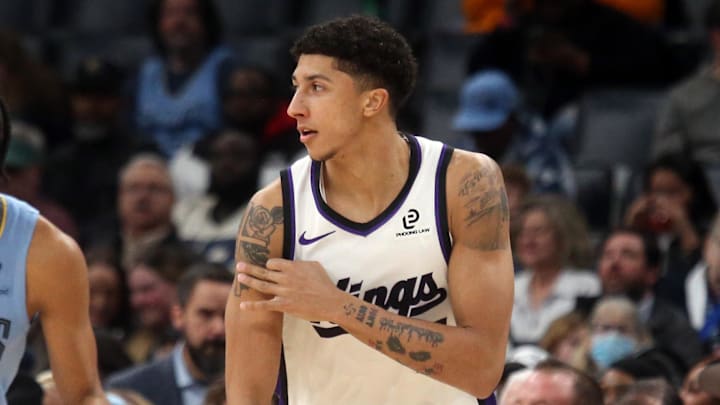 Feb 23, 2026; Memphis, Tennessee, USA; Sacramento Kings guard Nique Clifford (5) reacts after a three point basket during the third quarter against the Memphis Grizzlies at FedExForum. Mandatory Credit: Petre Thomas-Imagn Images