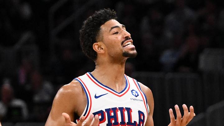 Apr 21, 2026; Boston, Massachusetts, USA; Philadelphia 76ers guard Quentin Grimes (5) reacts after making a three-point basket against the Boston Celtics in the first half of a game two of the first round of the 2026 NBA Playoffs at TD Garden. Mandatory Credit: Brian Fluharty-Imagn Images