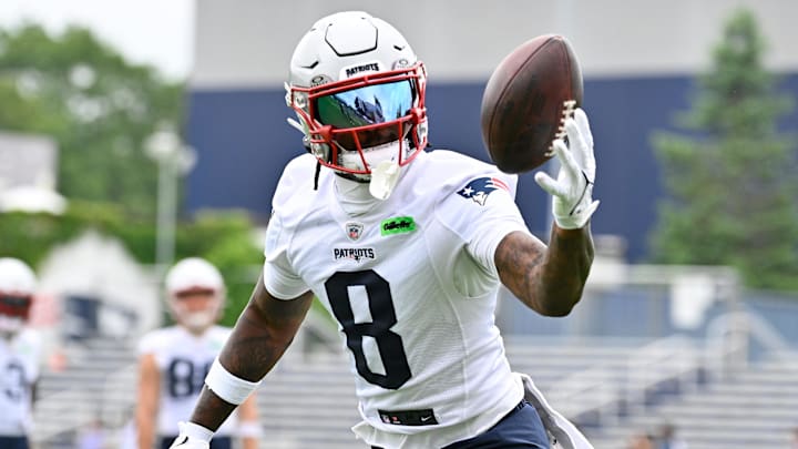 Jun 9, 2025; Foxborough, MA, USA; New England Patriots wide receiver Stefon Diggs (8) tries to catch the ball during minicamp at Gillette Stadium. Mandatory Credit: Eric Canha-Imagn Images