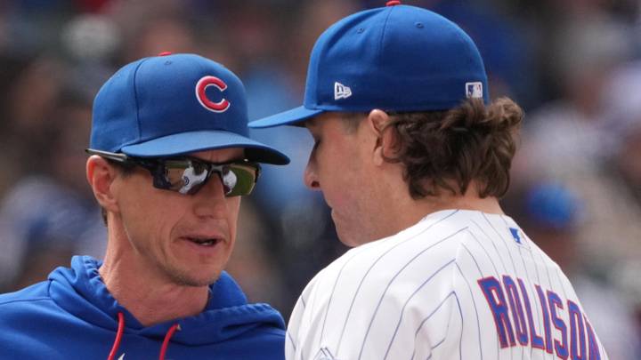 May 23, 2026; Chicago, Illinois, USA; Chicago Cubs manager Craig Counsell (11) checks on pitcher Ryan Rolison (33) after being hit by a line drive against the Houston Astros during the ninth inning at Wrigley Field. Mandatory Credit: David Banks-Imagn Images May 23, 2026; Chicago, Illinois, USA; Chicago Cubs manager Craig Counsell (11) checks on pitcher Ryan Rolison (33) after being hit by a line drive against the Houston Astros during the ninth inning at Wrigley Field. Mandatory Credit: David Banks-Imagn Images