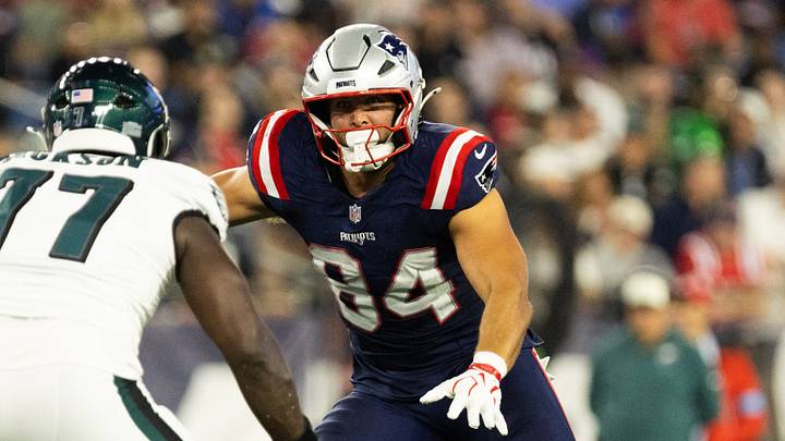 Aug 22, 2026; Foxborough, Massachusetts, USA; New England Patriots tight end Tanner Arkin (84) blocks Philadelphia Eagles outside linebacker Tarron Jackson (77) in the first half at Gillette Stadium. Mandatory Credit: Edward Finan-Imagn Images Aug 22, 2026; Foxborough, Massachusetts, USA; New England Patriots tight end Tanner Arkin (84) blocks Philadelphia Eagles outside linebacker Tarron Jackson (77) in the first half at Gillette Stadium. Mandatory Credit: Edward Finan-Imagn Images