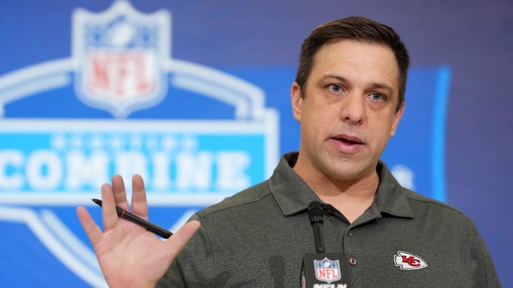 Feb 24, 2026; Indianapolis, IN, USA; Kansas City Chiefs general manager Brett Veach speaks at the NFL Scouting Combine at the Indiana Convention Center. Mandatory Credit: Kirby Lee-Imagn Images