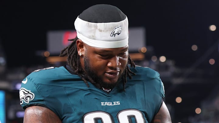 Philadelphia Eagles defensive tackle Jalen Carter walks off the field after being ejected against the Dallas Cowboys