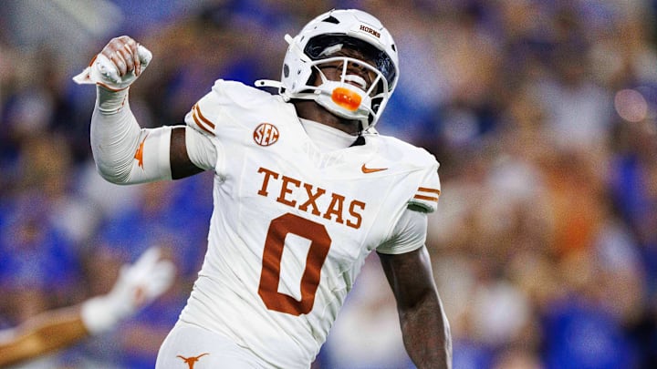 Oct 18, 2025; Lexington, Kentucky, USA; Texas Longhorns linebacker Anthony Hill Jr. (0) celebrates after the Kentucky Wildcats fail to score in overtime at Kroger Field. 