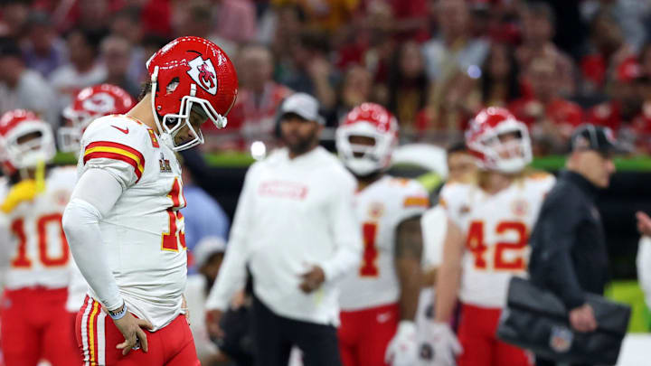 Feb 9, 2025; New Orleans, LA, USA; Kansas City Chiefs quarterback Patrick Mahomes (15) reacts after a play against the Philadelphia Eagles during the second half of Super Bowl LIX at Caesars Superdome. Mandatory Credit: Geoff Burke-Imagn Images Feb 9, 2025; New Orleans, LA, USA; Kansas City Chiefs quarterback Patrick Mahomes (15) reacts after a play against the Philadelphia Eagles during the second half of Super Bowl LIX at Caesars Superdome. Mandatory Credit: Geoff Burke-Imagn Images