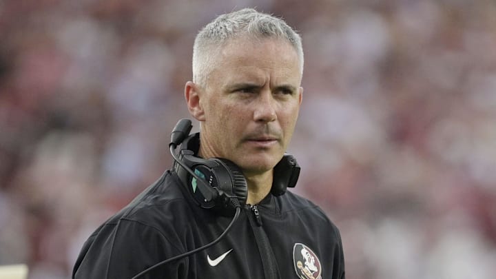 Aug 30, 2025; Tallahassee, Florida, USA; Florida State Seminoles head coach Mike Norvell reacts after a play against the Alabama Crimson Tide during the second half at Doak S. Campbell Stadium. Mandatory Credit: Melina Myers-Imagn Images
