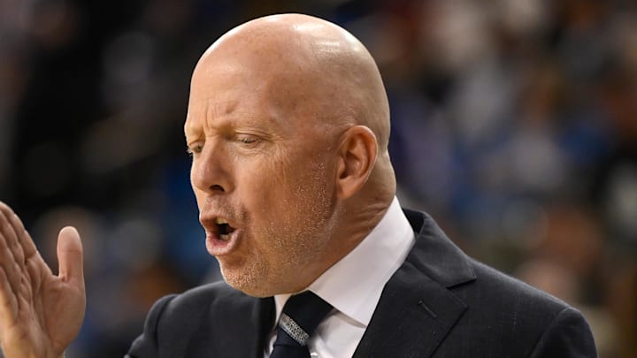 Feb 24, 2026; Los Angeles, California, USA; UCLA Bruin head coach Mick Cronin reacts to a foul call during the second half against the Southern California Trojans at Pauley Pavilion presented by Wescom Financial. Mandatory Credit: Robert Hanashiro-Imagn Images