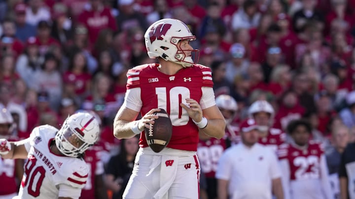 Sep 7, 2024; Madison, Wisconsin, USA;  Wisconsin Badgers quarterback Tyler Van Dyke (10) looks to throw a pass during the third quarter against the South Dakota Coyotes at Camp Randall Stadium.