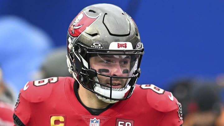 Nov 16, 2025; Orchard Park, New York, USA;  Tampa Bay Buccaneers quarterback Baker Mayfield (6) warms up prior to the game against the Buffalo Bills at Highmark Stadium. Mandatory Credit: Mark Konezny-Imagn Images