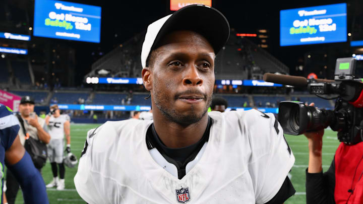 Aug 7, 2025; Seattle, Washington, USA; Las Vegas Raiders quarterback Geno Smith (7) after the game against the Seattle Seahawks at Lumen Field. Mandatory Credit: Steven Bisig-Imagn Images