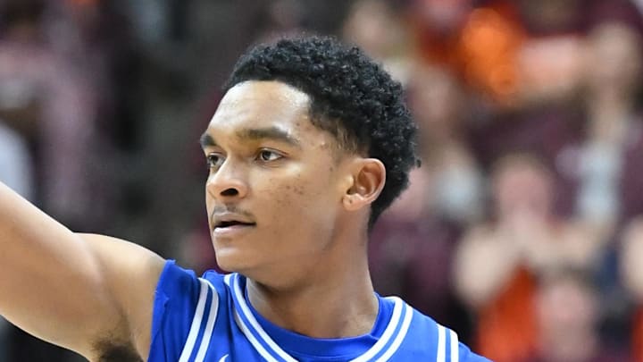 Jan 31, 2026; Blacksburg, Virginia, USA; Duke Blue Devils guard Caleb Foster (1) calls the play during the first half at Cassell Coliseum. Mandatory Credit: Brian Bishop-Imagn Images Jan 31, 2026; Blacksburg, Virginia, USA; Duke Blue Devils guard Caleb Foster (1) calls the play during the first half at Cassell Coliseum. Mandatory Credit: Brian Bishop-Imagn Images