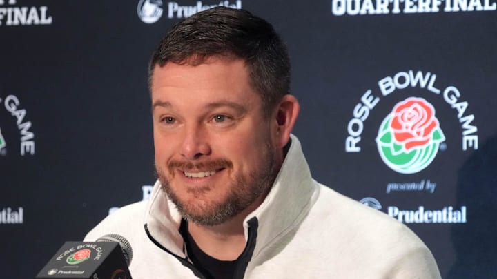 Dec 30, 2024; Los Angeles, CA, USA; Oregon Ducks head coach Dan Lanning during Rose Bowl media day at Sheraton Grand LA. Mandatory Credit: Kirby Lee-Imagn Images