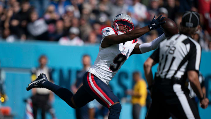 New England Patriots wide receiver Kayshon Boutte (9) hauls in a touchdown pass to give the Patriots a 17-13 lead in the first half of their game at Nissan Stadium in Nashville, Tenn., Sunday, Oct. 19, 2025.