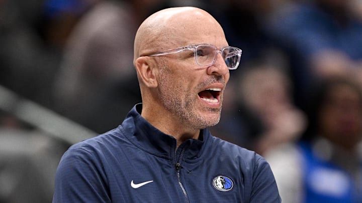 Mar 21, 2025; Dallas, Texas, USA; Dallas Mavericks head coach Jason Kidd yells to his team during the second half against the Detroit Pistons at the American Airlines Center. Mandatory Credit: Jerome Miron-Imagn Images