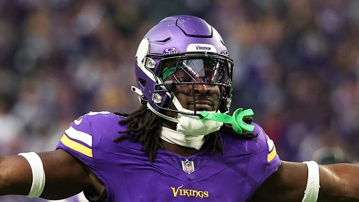 Minnesota Vikings linebacker Brian Asamoah II celebrates his teams fumble recovery against the Atlanta Falcons. Mandatory Credit: Matt Krohn-Imagn Images