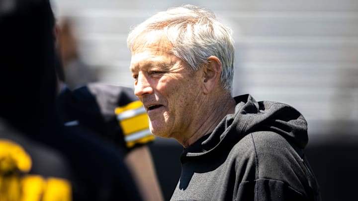 Apr 26, 2025; Iowa City, IA, USA; Iowa head coach Kirk Ferentz talks with players after a spring NCAA football open practice at Kinnick Stadium. Mandatory Credit: Joseph Cress-The Des Moines Register