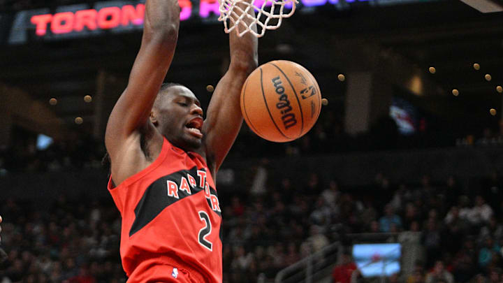 Oct 25, 2024; Toronto, Ontario, CAN; Toronto Raptors forward Jonathan Mogbo (2) dunks for a basket against the Philadelphia 76ers in the second half at Scotiabank Arena. Mandatory Credit: Dan Hamilton-Imagn Images Oct 25, 2024; Toronto, Ontario, CAN; Toronto Raptors forward Jonathan Mogbo (2) dunks for a basket against the Philadelphia 76ers in the second half at Scotiabank Arena. Mandatory Credit: Dan Hamilton-Imagn Images