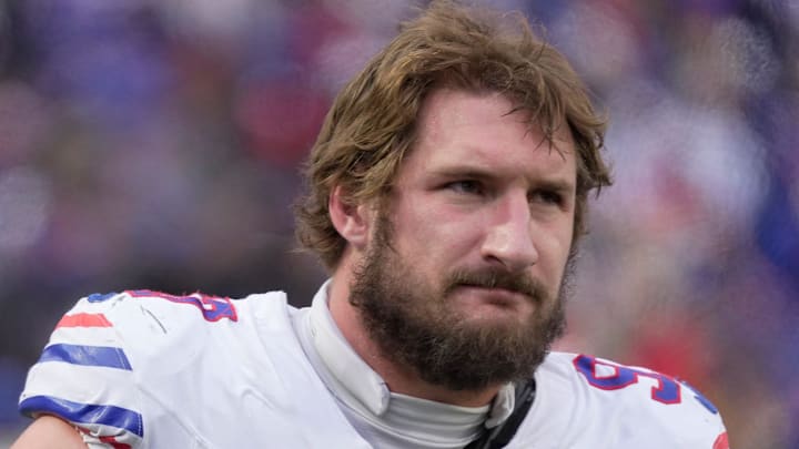 Buffalo Bills defensive end Joey Bosa watches the offensive line on the field during second half action against the Tampa Bay Buccaneers on Nov 16, 2025 at Highmark Stadium in Orchard Park.
