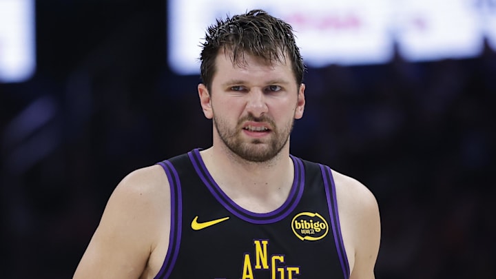 Apr 2, 2026; Oklahoma City, Oklahoma, USA; Los Angeles Lakers guard Luka Doncic (77) reacts after a play against the Oklahoma City Thunder during the second half at Paycom Center. Mandatory Credit: Alonzo Adams-Imagn Images