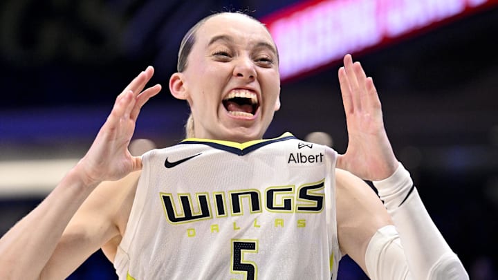 Sep 11, 2025; Arlington, Texas, USA; Dallas Wings guard Paige Bueckers (5) celebrates after the game against the Phoenix Mercury at College Park Center. Mandatory Credit: Jerome Miron-Imagn Images
