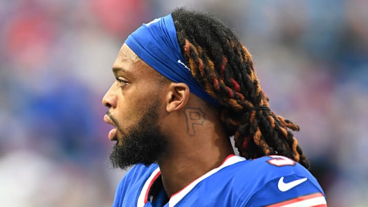 Nov 17, 2024; Orchard Park, New York, USA; Buffalo Bills safety Damar Hamlin (3) warms up before a game against the Kansas City Chiefs at Highmark Stadium. Mandatory Credit: Mark Konezny-Imagn Images