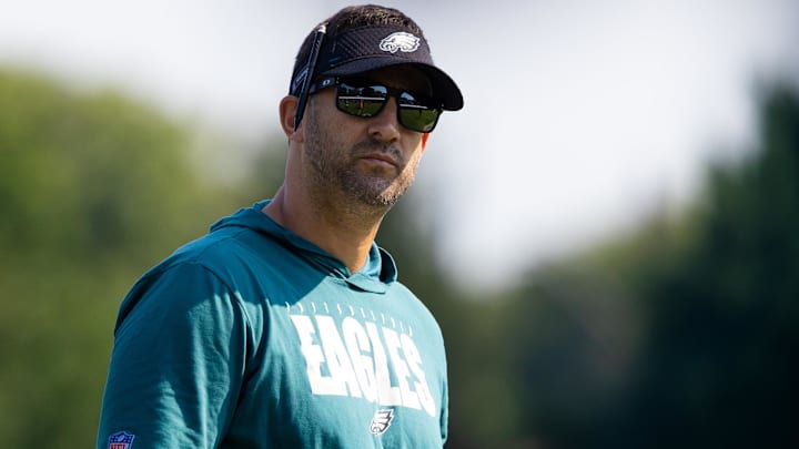 Philadelphia Eagles head coach Nick Sirianni looks on during training camp at NovaCare Complex.