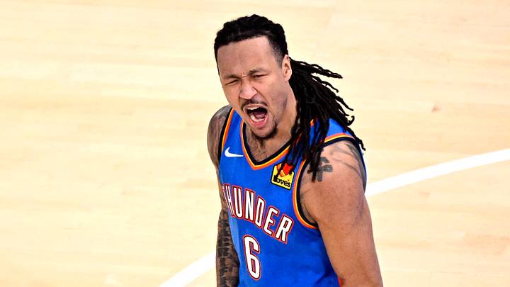 May 30, 2026; Oklahoma City, Oklahoma, USA; Oklahoma City Thunder forward Jaylin Williams (6) reacts in the third quarter against the San Antonio Spurs during game seven of the western conference finals for the 2026 NBA playoffs at Paycom Center. Mandatory Credit: Jerome Miron-Imagn Images May 30, 2026; Oklahoma City, Oklahoma, USA; Oklahoma City Thunder forward Jaylin Williams (6) reacts in the third quarter against the San Antonio Spurs during game seven of the western conference finals for the 2026 NBA playoffs at Paycom Center. Mandatory Credit: Jerome Miron-Imagn Images