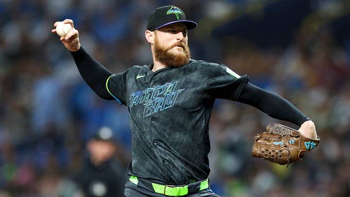 Aug 29, 2026; St. Petersburg, Florida, USA; Tampa Bay Rays pitcher Bryan Baker (47) throws a pitch against the San Diego Padres in the ninth inning at Tropicana Field. Mandatory Credit: Nathan Ray Seebeck-Imagn Images