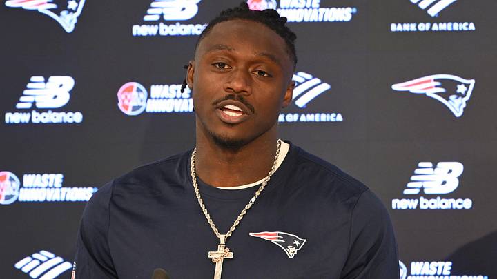 Jun 2, 2026; Foxborough, MA, USA; New England Patriots wide receiver A.J. Brown (1) speaks at a press conference after  practice at the team's OTA at Gillette Stadium. Mandatory Credit: Eric Canha-Imagn Images
