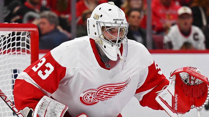 Oct 1, 2022; Chicago, Illinois, USA; Detroit Red Wings goaltender Sebastian Cossa (33) defends the net against the Chicago Blackhawks at United Center. Mandatory Credit: Jamie Sabau-Imagn Images Oct 1, 2022; Chicago, Illinois, USA; Detroit Red Wings goaltender Sebastian Cossa (33) defends the net against the Chicago Blackhawks at United Center. Mandatory Credit: Jamie Sabau-Imagn Images
