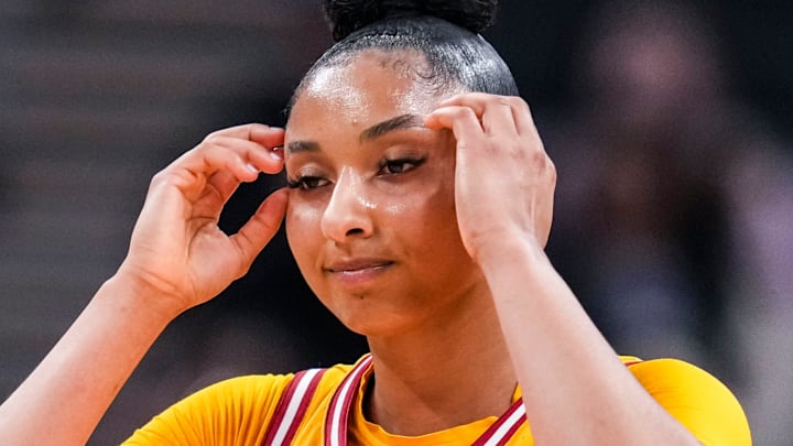 USC Trojans guard JuJu Watkins (12) reacts to the cation Saturday, March 8, 2025, in a semifinals game at the 2025 TIAA Big Ten Women's Basketball Tournament between the Iowa Hawkeyes and the Ohio State Buckeyes at Gainbridge Fieldhouse in Indianapolis.