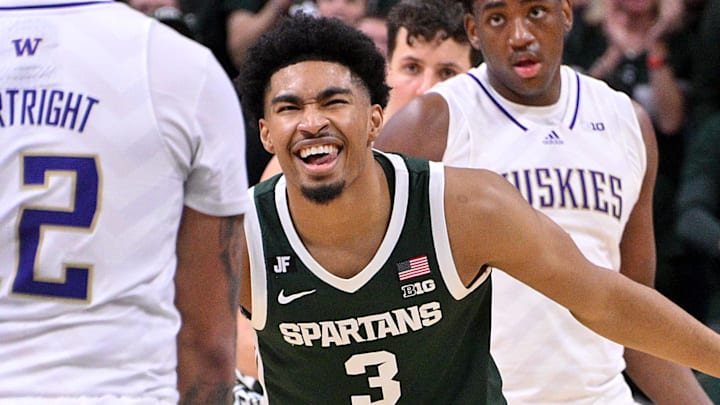 Jan 9, 2025; East Lansing, Michigan, USA; Michigan State Spartans guard Jaden Akins (3) reacts after scoring against the Washington Huskies at Jack Breslin Student Events Center. Mandatory Credit: Dale Young-Imagn Images Jan 9, 2025; East Lansing, Michigan, USA; Michigan State Spartans guard Jaden Akins (3) reacts after scoring against the Washington Huskies at Jack Breslin Student Events Center. Mandatory Credit: Dale Young-Imagn Images