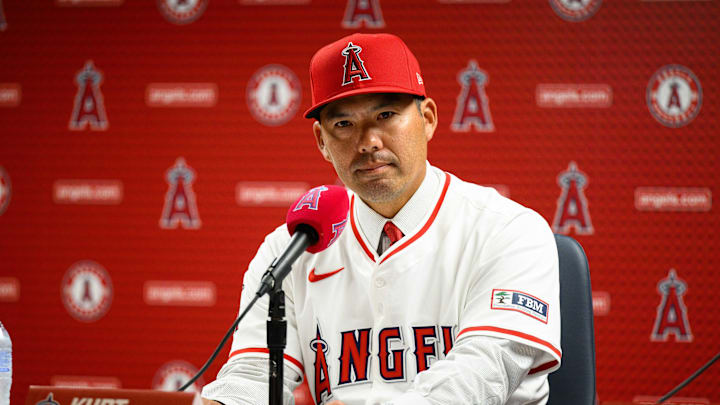 Oct 22, 2025; Los Angeles, CA, USA; Los Angeles Angels manager Kurt Suzuki speaks during a press conference at Angel Stadium. Mandatory Credit: William Liang-Imagn Images Oct 22, 2025; Los Angeles, CA, USA; Los Angeles Angels manager Kurt Suzuki speaks during a press conference at Angel Stadium. Mandatory Credit: William Liang-Imagn Images