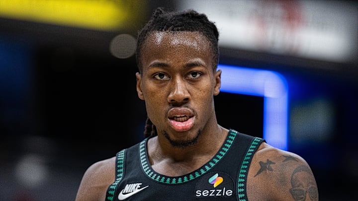 Apr 7, 2026; Indianapolis, Indiana, USA; Minnesota Timberwolves guard Ayo Dosunmu (13) looks on in the second half against the Indiana Pacers at Gainbridge Fieldhouse. Mandatory Credit: Trevor Ruszkowski-Imagn Images
