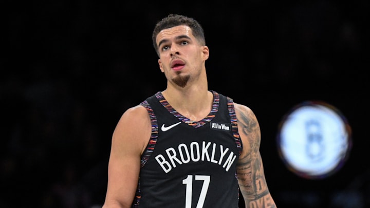 Dec 21, 2025; Brooklyn, New York, USA; Brooklyn Nets forward Michael Porter Jr. (17) reacts after making a shot against the Toronto Raptors during the first half at Barclays Center.